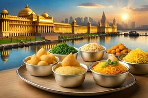 indian food in bowls on a table with a city in the background. AI-Generated photo