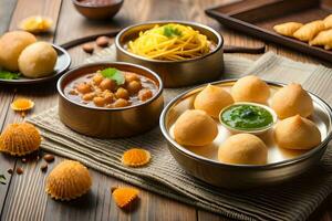 indian food in bowls on wooden table. AI-Generated photo