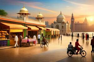 a scene of people walking around a city with a view of the taj mahal. AI-Generated photo