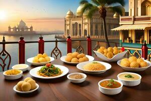 indian food on a table with bowls and plates. AI-Generated photo