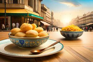 a bowl of food sits on a table in front of a city street. AI-Generated photo