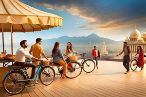 a group of people riding bicycles on a deck. AI-Generated photo