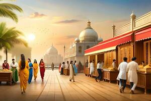 people walking around in a market area with a taj mahal in the background. AI-Generated photo