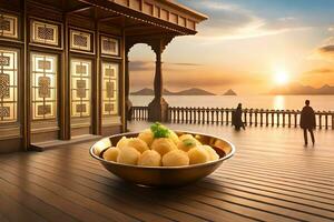 a bowl of food on a wooden deck with a view of the ocean. AI-Generated photo