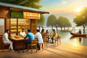 a restaurant with people sitting at tables near the water. AI-Generated photo