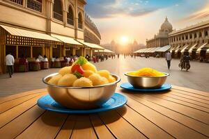 two bowls of food sit on a table in front of a building. AI-Generated photo