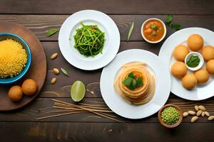 various dishes of indian food on wooden table. AI-Generated photo