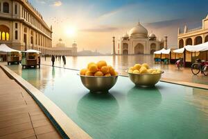 two bowls of fruit sit on a pool in front of a building. AI-Generated photo