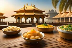 indian food in bowls on wooden table with palm trees. AI-Generated photo