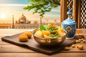 indian food in a bowl on a wooden table with a view of the sunset. AI-Generated photo