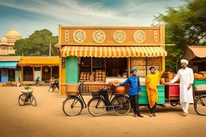 a man and woman standing next to a cart with a bicycle. AI-Generated photo