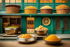 un miniatura casa con bochas de comida en el mesa. generado por ai foto