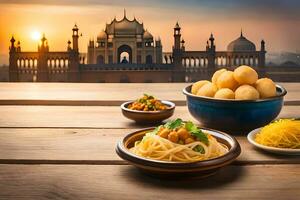 indian food in a bowl with a view of taj mahal. AI-Generated photo