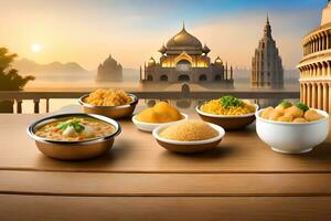 indian food in bowls on a wooden table. AI-Generated photo