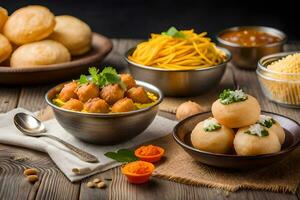 indian food with bowls of food on a wooden table. AI-Generated photo