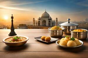indian food on a wooden table with a view of the taj mahal. AI-Generated photo
