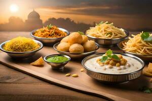 indian food in bowls on a wooden table. AI-Generated photo