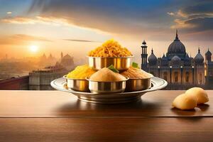 indian food in a bowl with a view of the city. AI-Generated photo