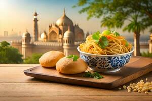 indian food with indian spices and bread on wooden table with city view. AI-Generated photo