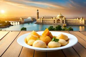 indian food in a bowl with a view of the city. AI-Generated photo