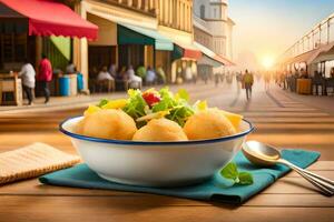 a bowl of food sits on a table in front of a street. AI-Generated photo