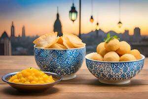 two bowls of food with a cityscape in the background. AI-Generated photo