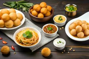 various types of food are arranged on a table. AI-Generated photo