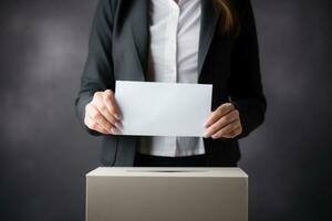 Female voter hand putting bulletin in ballot box. Generative AI photo