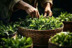 Picking tea leaves on plantation. Generative AI photo