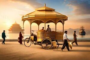 a golden cart with people walking around it on the beach. AI-Generated photo