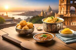 indian food on a table with a view of the city. AI-Generated photo