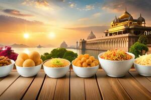 indian food in bowls on a wooden table. AI-Generated photo