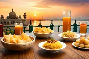 a table with food and drinks on it with a view of the taj mahal. AI-Generated photo
