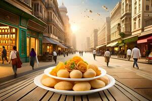 a plate of food sitting on a table in front of a city street. AI-Generated photo