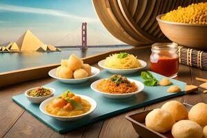 a table with bowls of food and a view of the golden gate bridge. AI-Generated photo