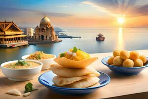 indian food in bowls on a table with a view of the ocean. AI-Generated photo