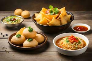 various types of food are arranged on a wooden table. AI-Generated photo