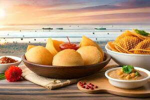 indio comida en el playa. generado por ai foto