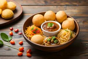indian food in a bowl with spaghetti and sauce. AI-Generated photo