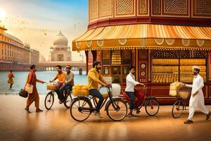 people riding bicycles in front of a building with a gold shop. AI-Generated photo