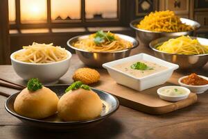 various dishes of indian food are on a table. AI-Generated photo