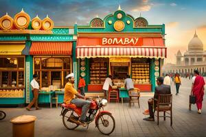 a man on a motorcycle is sitting in front of a shop. AI-Generated photo