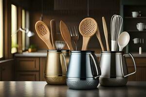 kitchen utensils in stainless steel vase on kitchen counter. AI-Generated photo