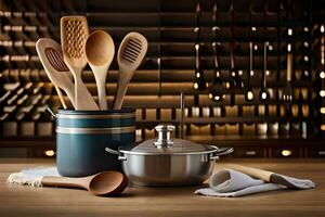 a wooden utensil set on a table with a wooden spoon and a wooden pan. AI-Generated photo