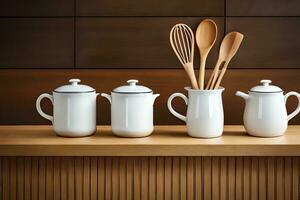 white kitchenware on a shelf. AI-Generated photo