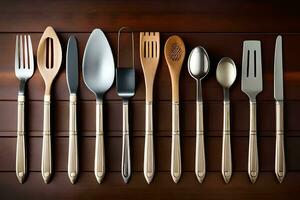 a collection of silverware on a wooden table. AI-Generated photo