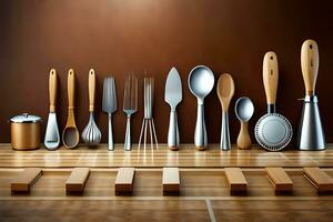 a collection of utensils on a wooden table. AI-Generated photo