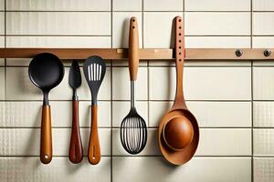 a group of wooden utensils hanging on a wall. AI-Generated photo