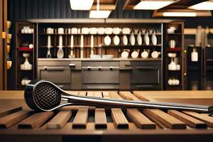 a kitchen utensil is sitting on top of a wooden table. AI-Generated photo