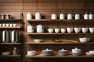 a kitchen with shelves filled with dishes and cups. AI-Generated photo